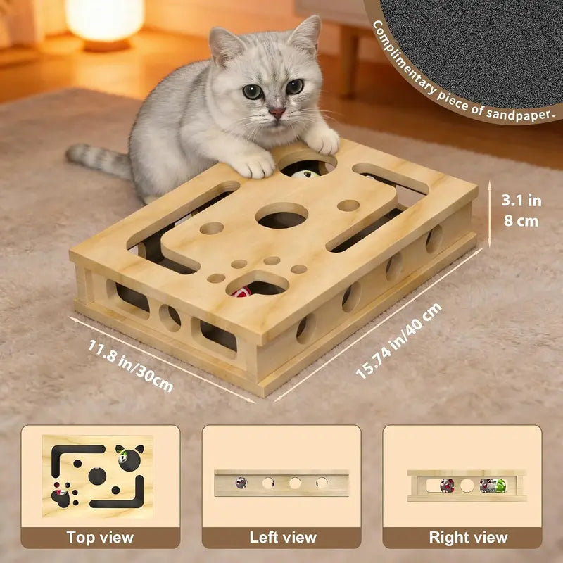 LIVANIRA Wooden Cat Scratch & File Enrichment Box - Claw Care Puzzle Toy with Replaceable Filing Pad, Large Scratch Area, Treat Openings, 3 Toy Balls for Indoor Cats