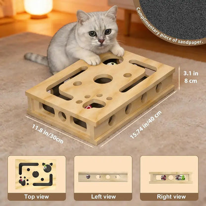 LIVANIRA Wooden Cat Scratch & File Enrichment Box - Claw Care Puzzle Toy with Replaceable Filing Pad, Large Scratch Area, Treat Openings, 3 Toy Balls for Indoor Cats