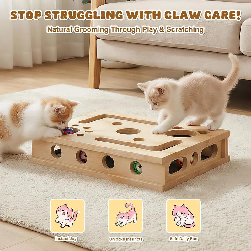 LIVANIRA Wooden Cat Scratch & File Enrichment Box - Claw Care Puzzle Toy with Replaceable Filing Pad, Large Scratch Area, Treat Openings, 3 Toy Balls for Indoor Cats