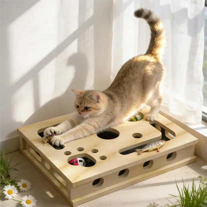 LIVANIRA Wooden Cat Scratch & File Enrichment Box - Claw Care Puzzle Toy with Replaceable Filing Pad, Large Scratch Area, Treat Openings, 3 Toy Balls for Indoor Cats