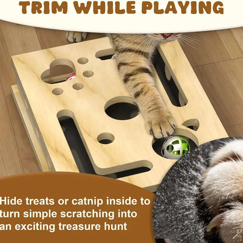 LIVANIRA Wooden Cat Scratch & File Enrichment Box - Claw Care Puzzle Toy with Replaceable Filing Pad, Large Scratch Area, Treat Openings, 3 Toy Balls for Indoor Cats