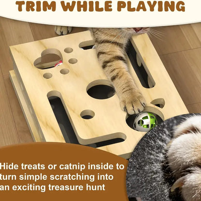 LIVANIRA Wooden Cat Scratch & File Enrichment Box - Claw Care Puzzle Toy with Replaceable Filing Pad, Large Scratch Area, Treat Openings, 3 Toy Balls for Indoor Cats