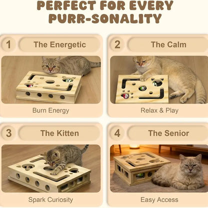 LIVANIRA Wooden Cat Scratch & File Enrichment Box - Claw Care Puzzle Toy with Replaceable Filing Pad, Large Scratch Area, Treat Openings, 3 Toy Balls for Indoor Cats